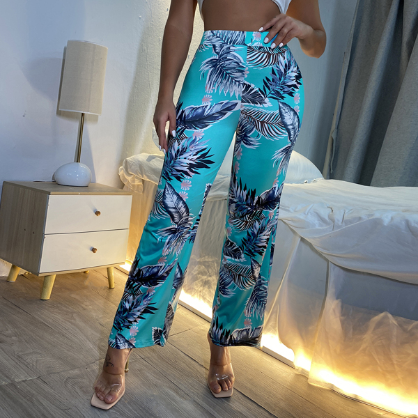 

Tropical Print Wide Leg Pants, Cadet blue