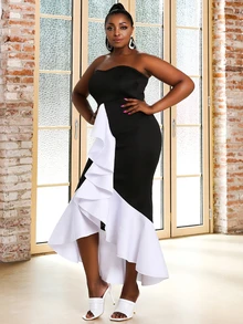 seomiscky Đầm Plus Size Viên lá sen Khối Màu Hấp dẫn - màu đen - Xem 4