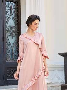 Mulvari Vestido Con Cuello En V Y Detalles De Volantes - Rosa coral - Ver 3