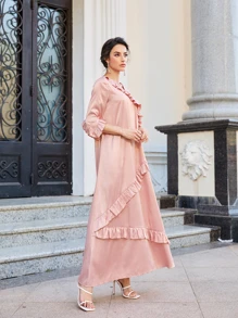 Mulvari Vestido Con Cuello En V Y Detalles De Volantes - Rosa coral - Ver 4