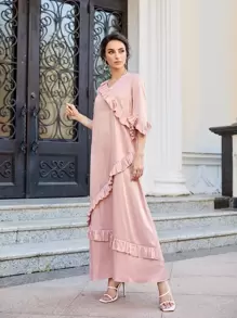 Mulvari Vestido Con Cuello En V Y Detalles De Volantes - Rosa coral - Ver 5