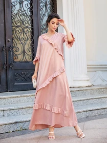 Mulvari Vestido Con Cuello En V Y Detalles De Volantes - Rosa coral - Ver 6