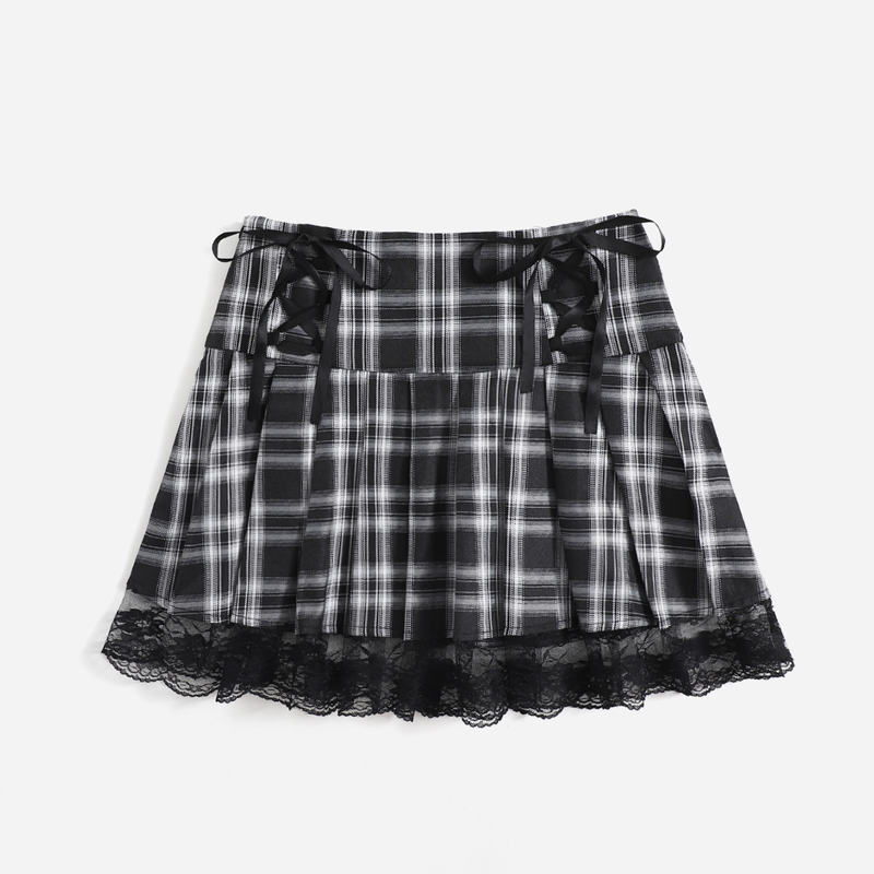 

Contrast Lace Plaid Lace Up Pleated Skirt, Black and white