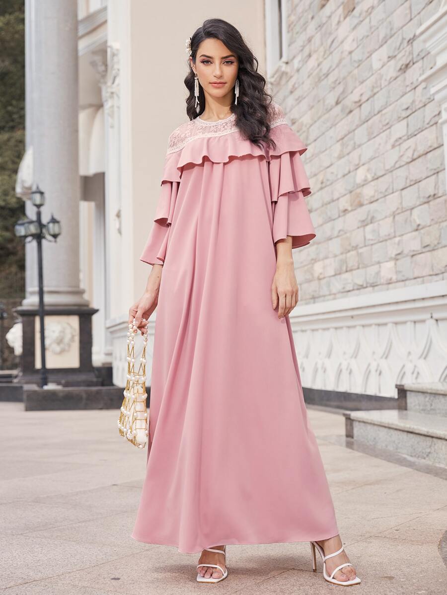 Al Najma Lace Yoke Layered Ruffle Trim Dress - Dusty Pink - View 1