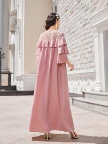 Al Najma Lace Yoke Layered Ruffle Trim Dress - Dusty Pink - View 2
