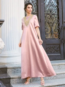 SHEIN Lace Trim Embroidered Applique Satin Dress - Dusty Pink - View 1