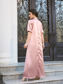 SHEIN Lace Trim Embroidered Applique Satin Dress - Dusty Pink - View 2