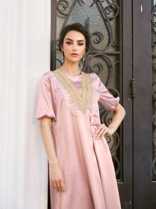 SHEIN Lace Trim Embroidered Applique Satin Dress - Dusty Pink - View 3