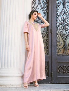 SHEIN Lace Trim Embroidered Applique Satin Dress - Dusty Pink - View 4