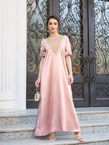 SHEIN Lace Trim Embroidered Applique Satin Dress - Dusty Pink - View 5