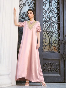 SHEIN Lace Trim Embroidered Applique Satin Dress - Dusty Pink - View 6