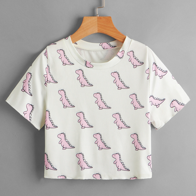 

Cartoon Dinosaur Graphic Ribbed Tee, White
