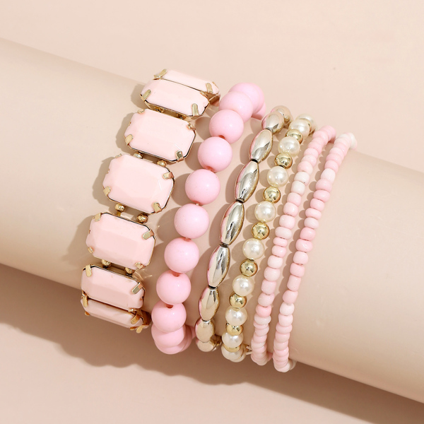 

6pcs Beaded Bracelet, Pink