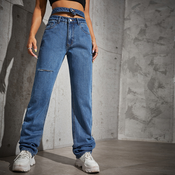 

High Waist Cut-out Straight Leg Jeans, Medium wash