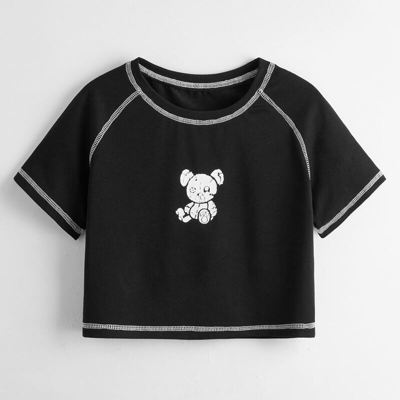 

Stitching Trim Cartoon Bear Graphic Tee, Black