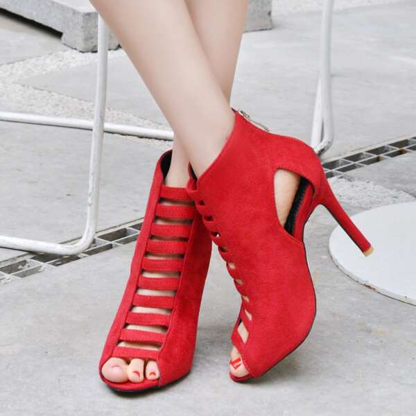 

Peep Toe Cut Out Stiletto Heeled Boots, Red