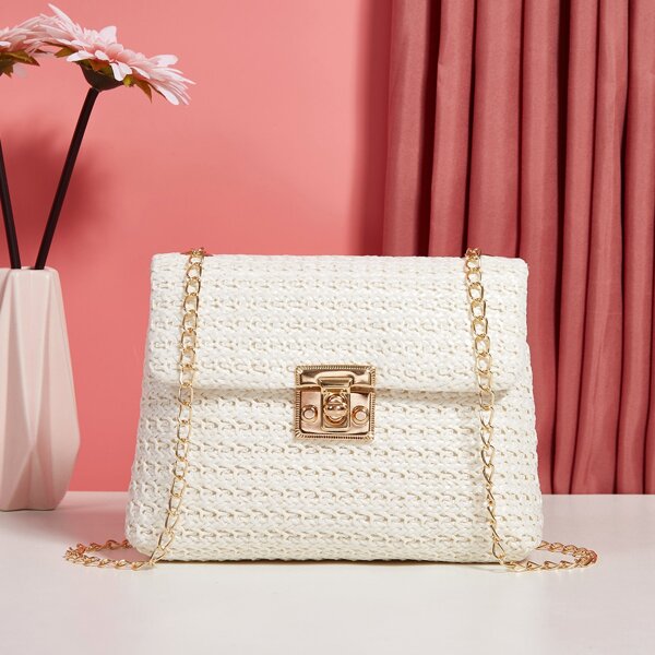 

Braided Design Twist Lock Chain Bag, Beige
