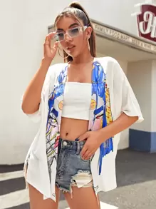 D.PintoLópez Figure Graphic Split Side Kimono, For Summer Beach Vacation - White - View 1