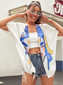 D.PintoLópez Figure Graphic Split Side Kimono, For Summer Beach Vacation - White - View 5