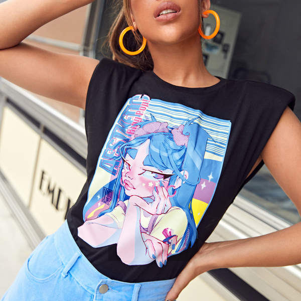 

Pop Art Print Shoulder Padded Tank Top, Black