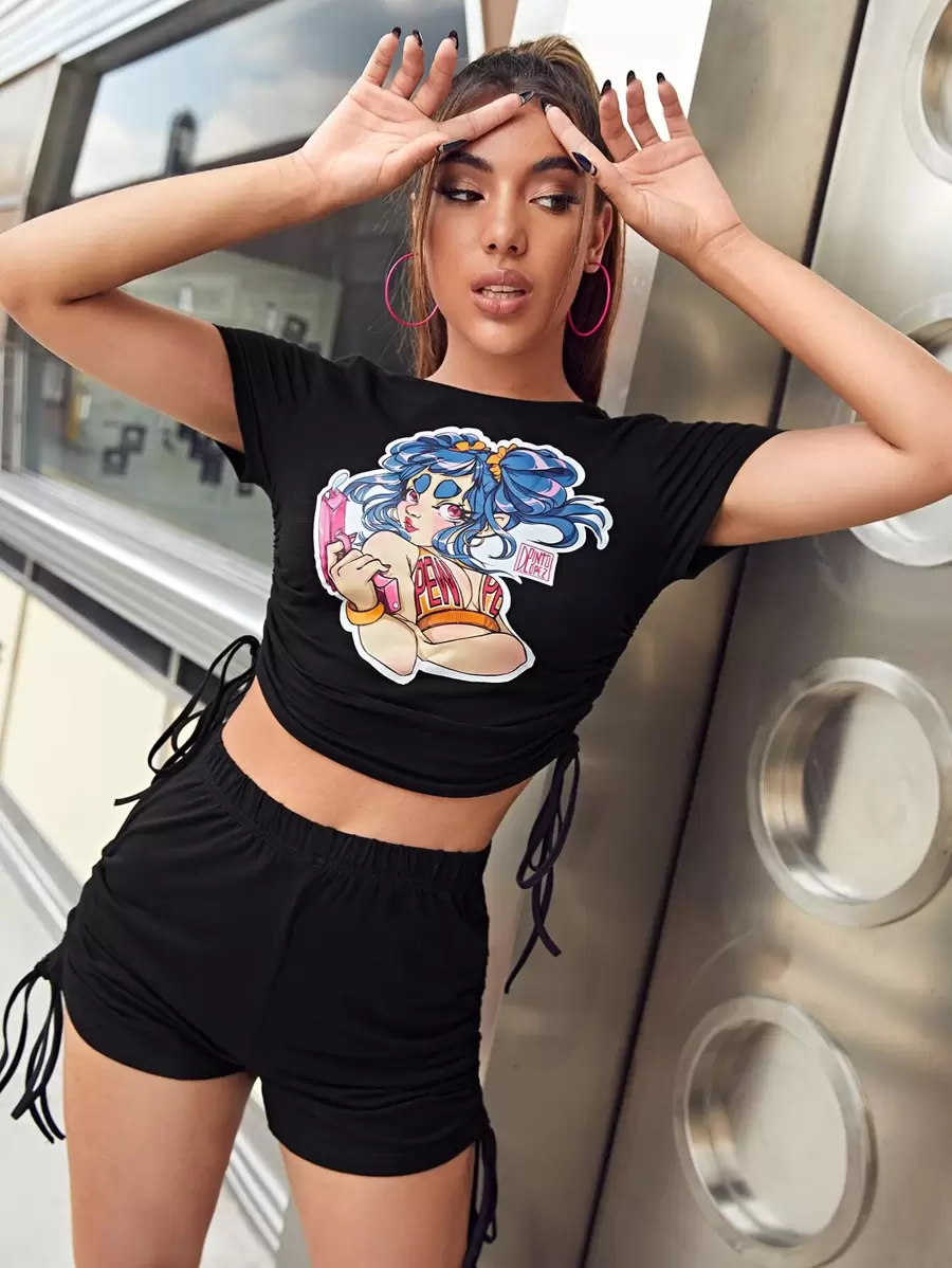 D.PintoLópez 抽褶抽繩卡通圖案T恤和短褲套裝 - 黑色 - 查看 1