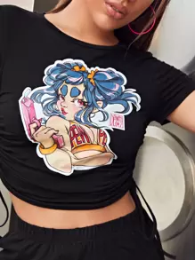 D.PintoLópez 抽褶抽繩卡通圖案T恤和短褲套裝 - 黑色 - 查看 4