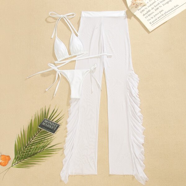

3pack Sheer Bikini Swimsuit & Ruffle Cover Up, White