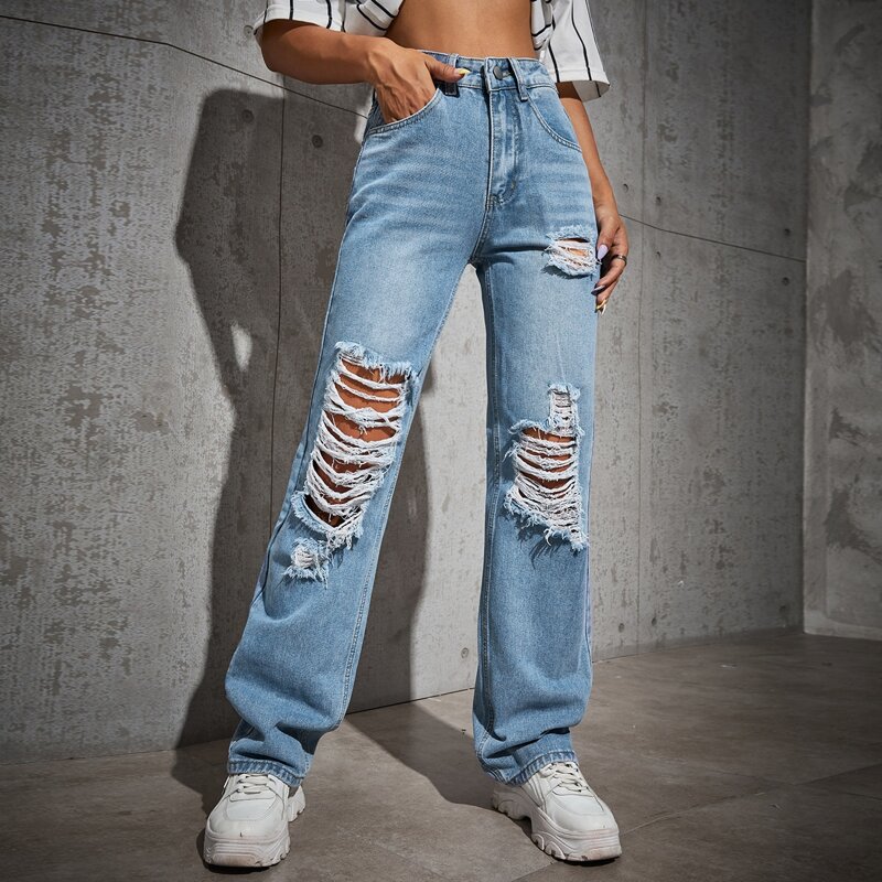 

High Waist Ripped Wide Leg Jeans, Light wash