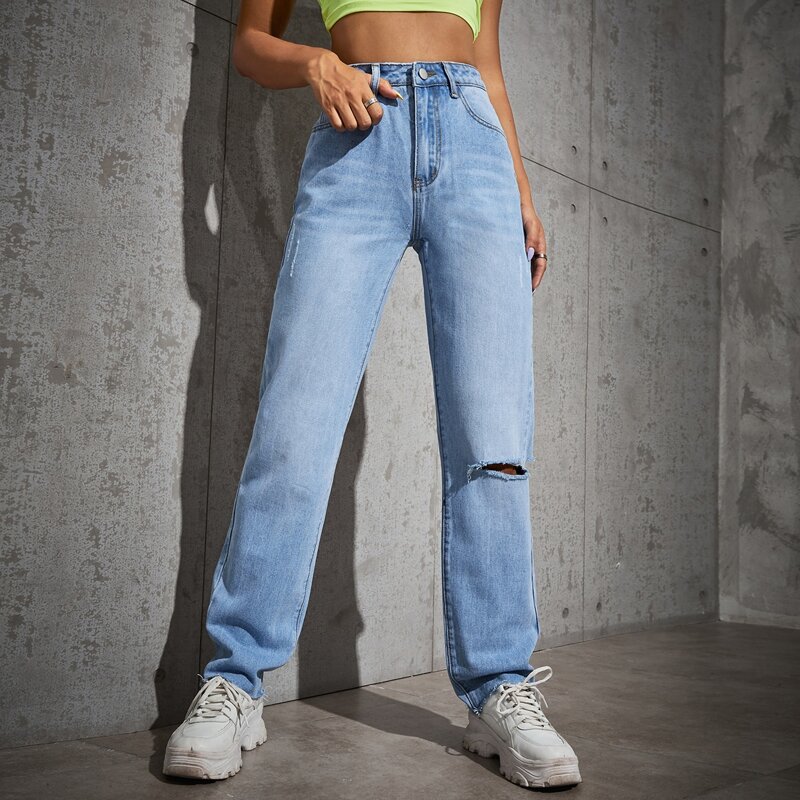 

High Waist Ripped Raw Hem Jeans, Light wash
