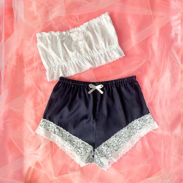 

Lace Trim Satin Bralette With Shorts, Blue and white