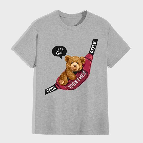 

Men Bear And Slogan Graphic Tee, Grey