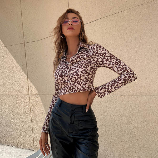 

Floral And Geo Print Crop Blouse, Coffee brown