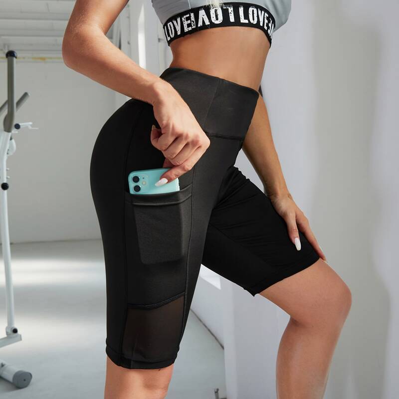 

Absorb Sweat Wide Waistband Biker Shorts With Phone Pocket, Black