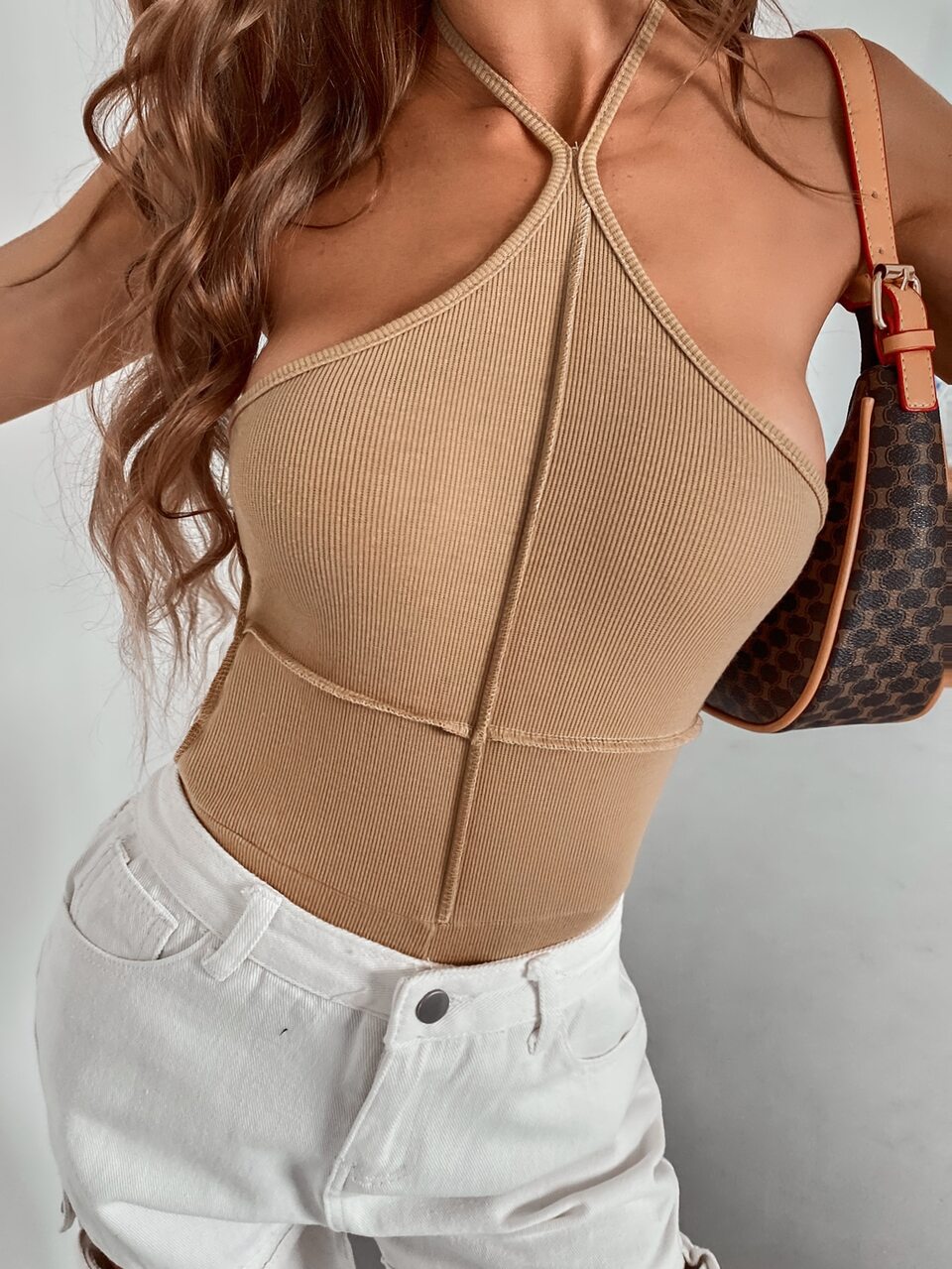 Solid Rib-knit Halter Romper