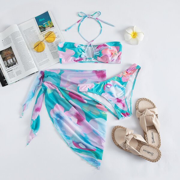

3pack Floral Random Print Criss Cross Bikini Swimsuit With Beach Skirt, Multicolor