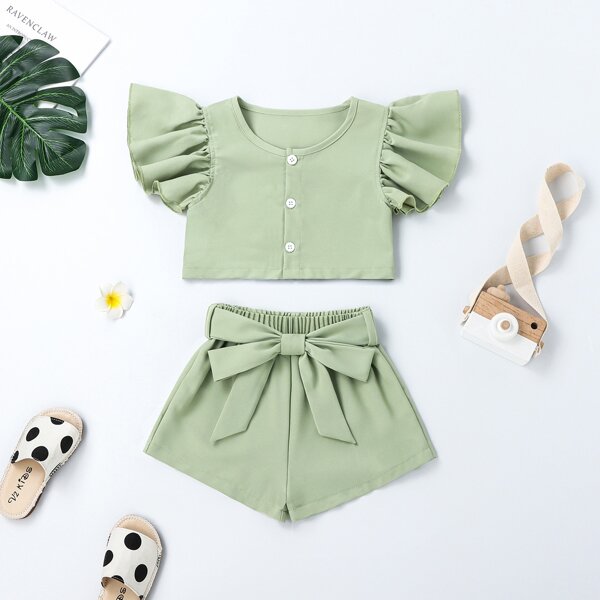 

Toddler Girls Butterfly Sleeve Blouse & Belted Shorts, Mint green