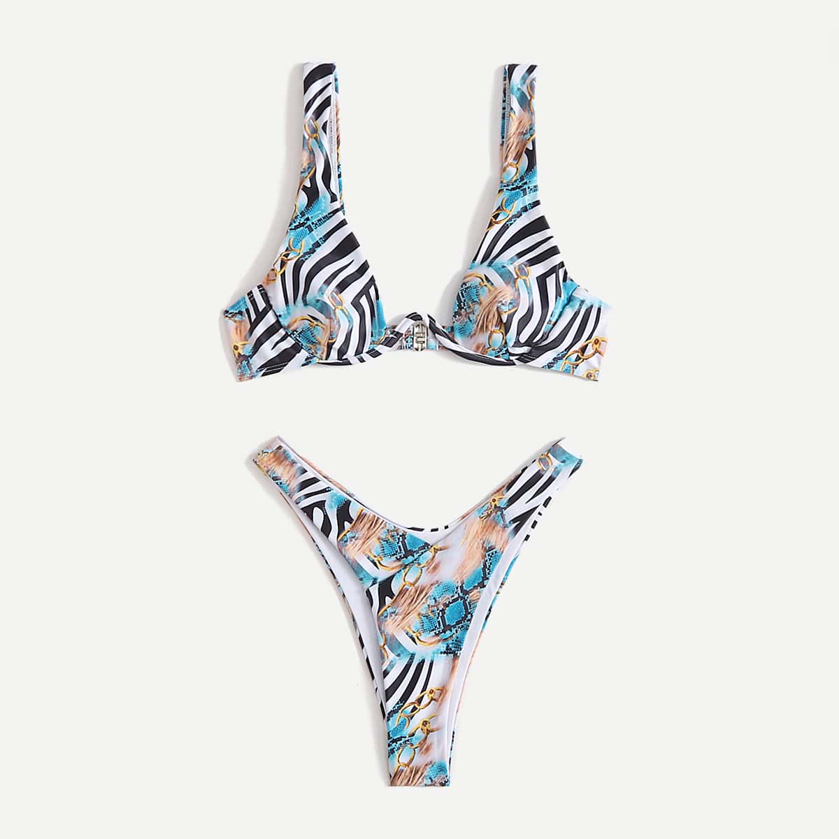 

Zebra Stripe & Snakeskin Print High Cut Bikini Swimsuit, Multicolor