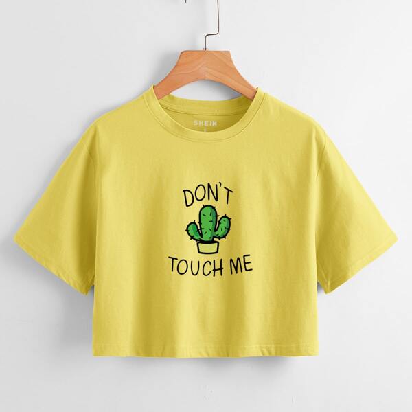 

Drop Shoulder Slogan & Cactus Print Tee, Yellow
