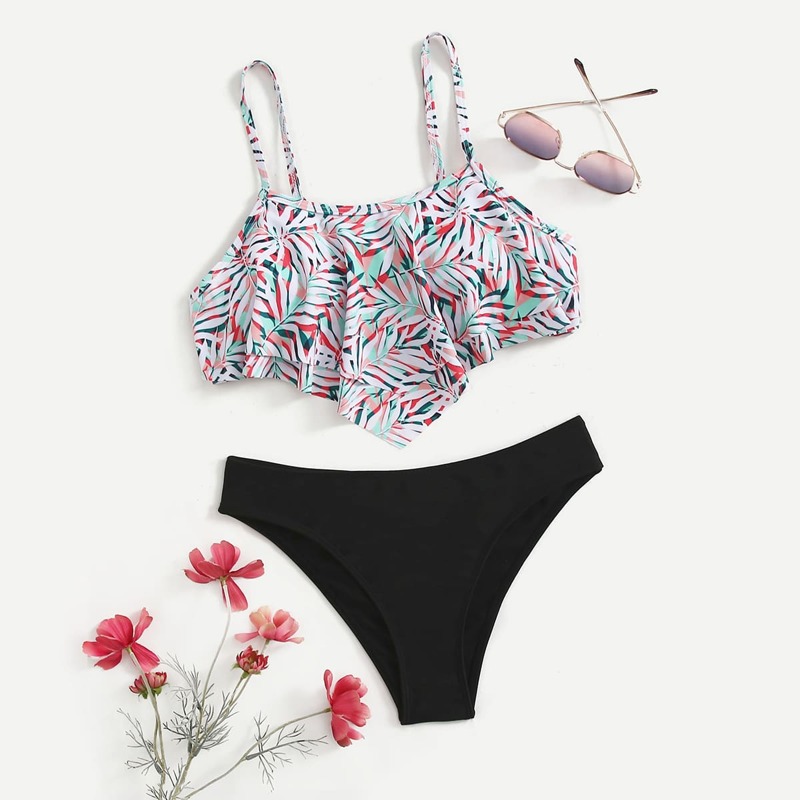 

Plant Print Flounce Bikini Swimsuit, Multicolor
