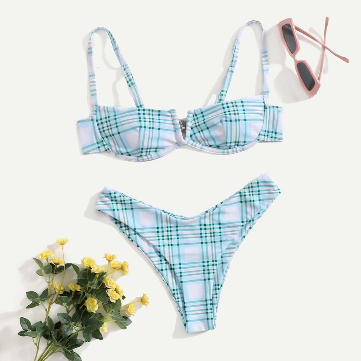 

Plaid V Wired Underwire Bikini Swimsuit, Baby blue