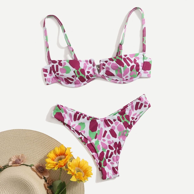 

Allover Print V Wired Underwire Bikini Swimsuit, Multicolor