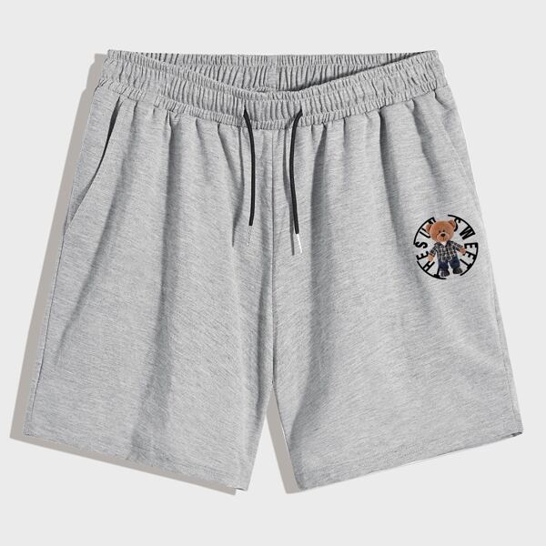 

Men Doll And Letter Graphic Drawstring Waist Shorts, Grey