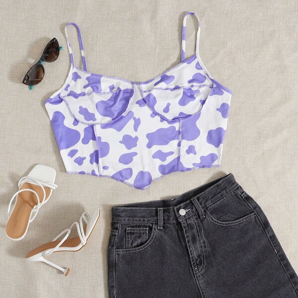

Plus Asymmetrical Hem Cow Print Cami Top, Multicolor