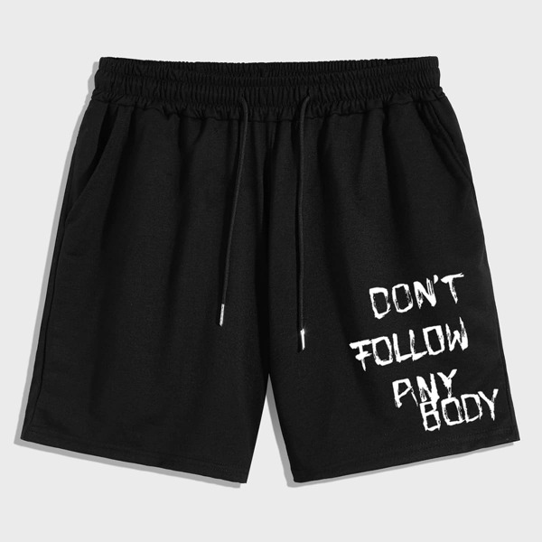 

Men Slogan Graphic Drawstring Shorts, Black