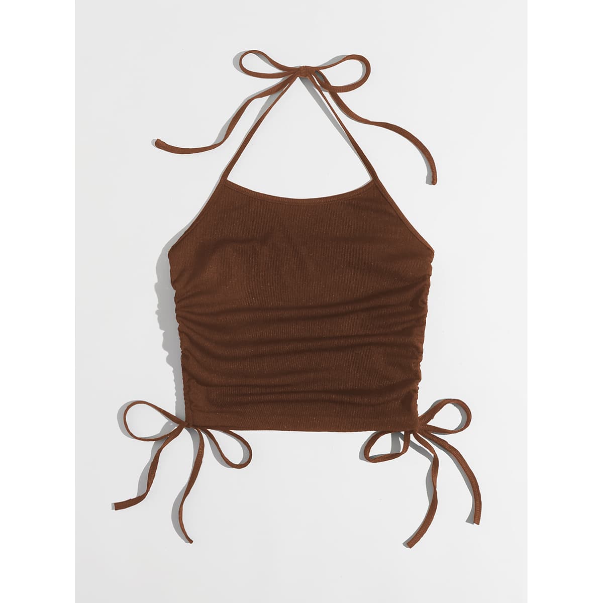

Solid Drawstring Halter Top, Coffee brown
