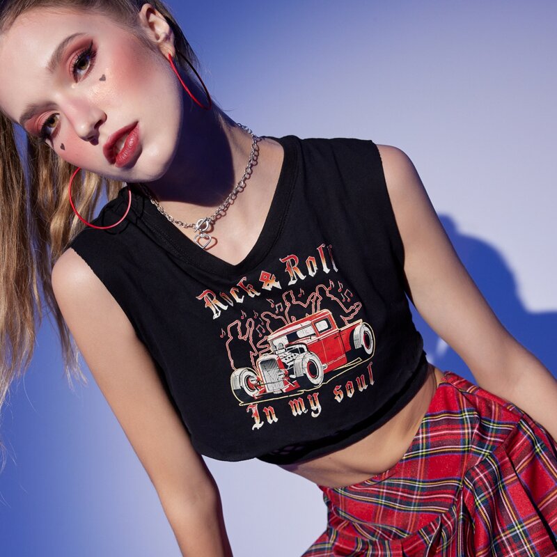 

Car And Slogan Graphic Tank Top With Fishnet, Black