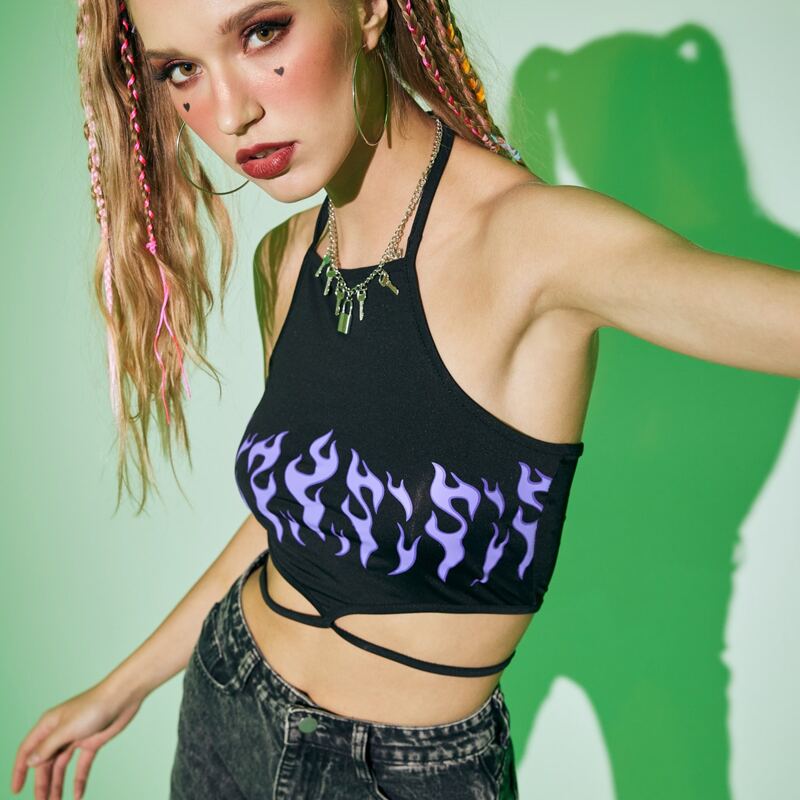 

Fire Print Tie Back Halter Top, Black