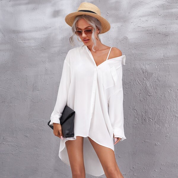 

Single Breasted High Low Hem Blouse, White