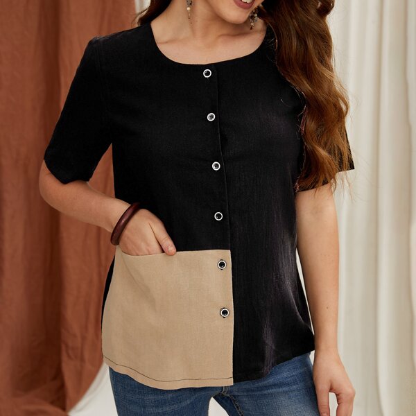 

Contrast Panel Button Front Blouse, Black