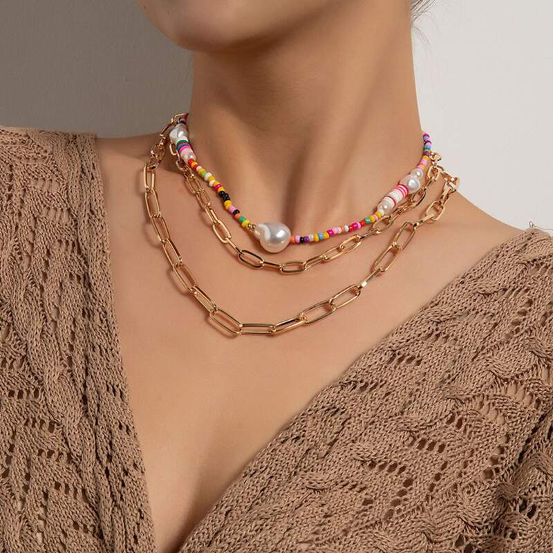 

3pcs Faux Pearl Beaded Necklace, Gold